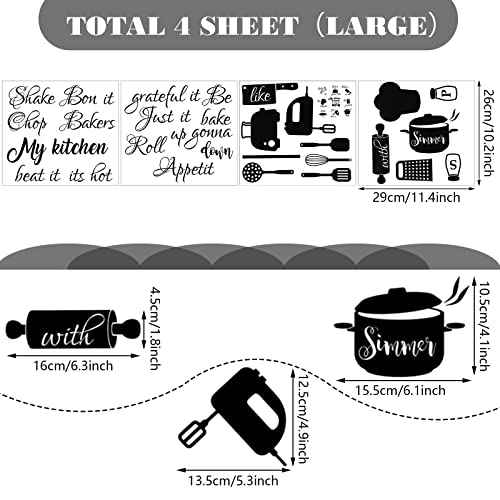 Seajan 4 Pcs Kitchen Wall Stickers Kitchen Quotes Wall Decals with Funny Lettering Vinyl Fun Utensils Sticker Peel and Stick Arts for Fridge Restaurant Bar Home Decoration