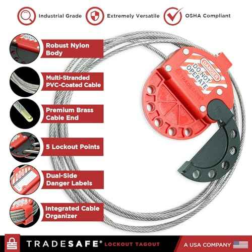 TRADESAFE Lockout Tagout Adjustable Cable Lock - 10 ft Steel Cable Lock with Vinyl Coating, Premium Grade Loto Cable, OSHA Compliant