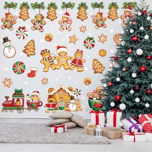 Christmas Wall Stickers Gingerbread Man House Xmas Tree Wall Stickers Peel and Stick Large Room Mural Decals for Winter Home Party Decoration, 8 Sheets