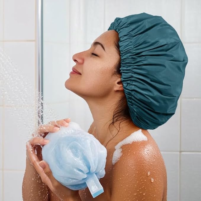 Reusable Shower Cap for Women, Large Waterproof Shower Bonnet with Elastic Band, Washable Bath Hair Cap for Long, Curly Hair, Braids, Daily Shower, Home Spa, Travel(Blue Zircon)
