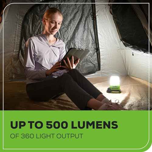 Greenworks 24V Cordless Lantern, Portable 500 Lumens Camping Light with Hook and Two USB Output Ports, 3 Modes, Mini Area Light with 2Ah Battery and Charger