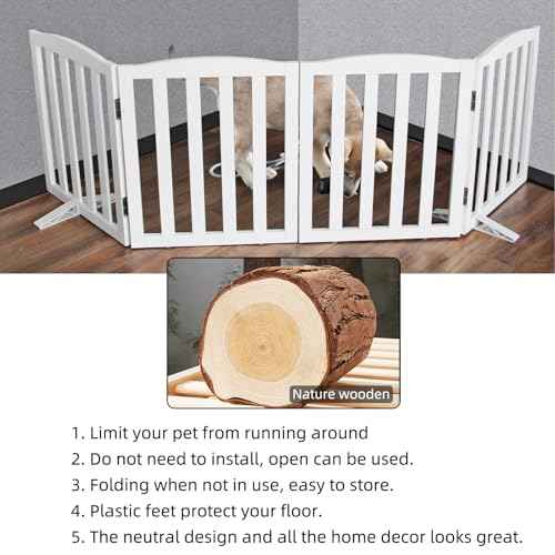 ZJSF Foldable Freestanding Indoor Dog Gate for House Wood White Long Pet Gates Dog Fence for Stairs Puppy Gates for Hallways,Pet Fence, Puppy Gate,Support Feet Included 24 "Height-3 Panels