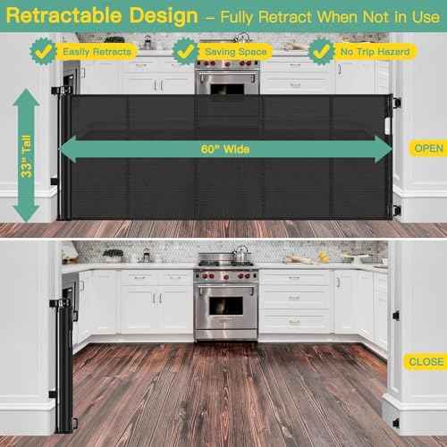 Reinforced 60" Wide Retractable Baby Gates with Upgraded Rods - Bottom Anti-Escape, 5 ft Mesh Baby Gate Retractable Dog Gate Indoor Pet Gate Retractable Stair Gate Outdoor Retractable Gate, Black