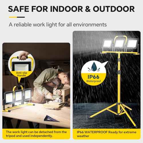 21000 Lumen LED Work Lights with Stand: 3 Head Adjustable Work Light with Individual Switch, IP66 Waterproof Foldable Tripod, 16.5FT Cord for Indoor/Outdoor Job Site Construction Garage Lighting