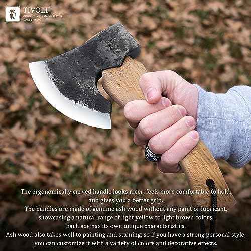 Tivoli 9-inch Small Hatchet Axe for Camping, Small Wood Hatchet Hand Axe, Hand Forged Carbon Steel Short Camp Axe for Chopping Wood, Ash Wood Handle, Retro Sheath