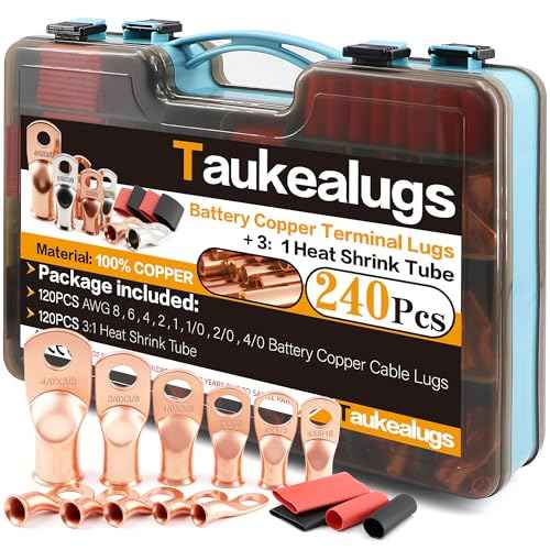 240Pcs Battery Cable Terminals Crimp Connector AWG8 4 6 2 1 1/0 2/0 4/0 Gauge 1/4 5/16 3/8 1/2 inch Copper Ring Lugs Wire Ends Assortment with 3:1 Heat Shrink Tube kit in Two-Side Box
