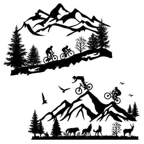 SUPERDANT 2 Sheets Wall Sticker Mountain Bike Riding Outdoor Sport Wall Decal Peak Forest Animals Pattern Vinyl Wallpaper Art Stickers for Home Living Room Bedroom Decor Black