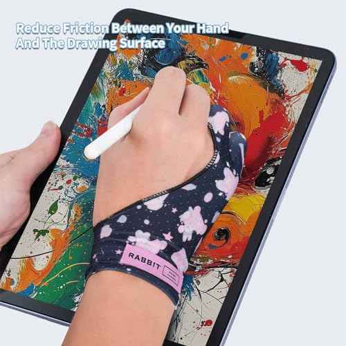 Artist Drawing Glove, Two-Finger Digital Art Glove for Drawing Tablet/Pen Display/Monitor Cute Rabbit Print Universal for Right and Left Hand, M Blackpink Color