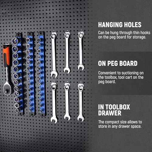 ALOANES Magnetic Socket Organizer Set, 3-Piece Heavy Duty Aluminum Socket Holder Socket Rail Organizer for Tool Box, 360¡Æ Swivel Clips Socket Rack 1/4, 3/8, 1/2-Inch x 40 Clips (Blue)