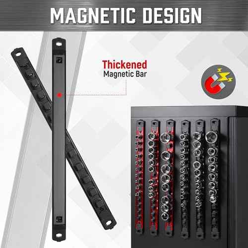 ALOANES 3-Piece Magnetic Socket Organizer, Heavy Duty Aluminum Socket Rails Organizer, 360¡Æ Swivel Clips Socket Holder Kit for Tool Box, 1/2-Inch Socket Holder x 36 Clips (Black)