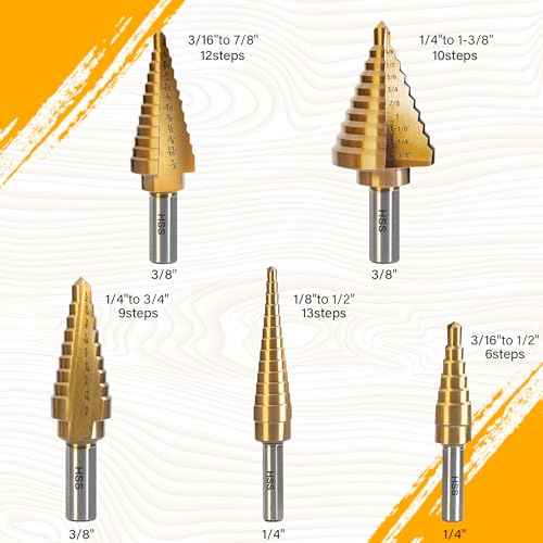 Step Drill Bit Set, 6 Pcs Titanium High Speed Steel Step Drill Bits with Extra Automotive Center Punch for Metal, Wood & Plastic, with Aluminum Case, 50 Sizes