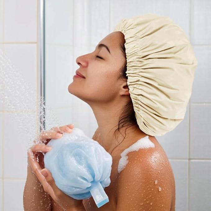 Reusable Shower Cap for Women, Large Waterproof Shower Bonnet with Elastic Band, Washable Bath Hair Cap for Long, Curly Hair, Braids, Daily Shower, Home Spa, Travel(Champagne)