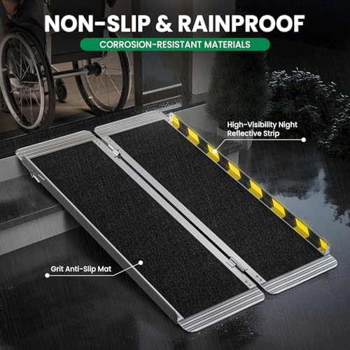 4 Feet Portable Wheelchair Ramp, 600 LBS Capacity Folding Aluminum Threshold Ramp with Anti-Slip Surface, Mobility Access Handicap Ramp for Home Steps, Doorway, Stairs, Doorways, Scooter