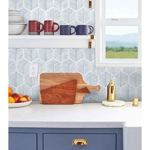 MelunMer Modern Peel and Stick Wallpaper Boho Contact Paper for Cabinets/Drawers 78.8In L 17.3In W Self Adhesive Removable Wallpaper for Bedroom/Bathroom Waterproof Geometric Contact Paper Blue/White