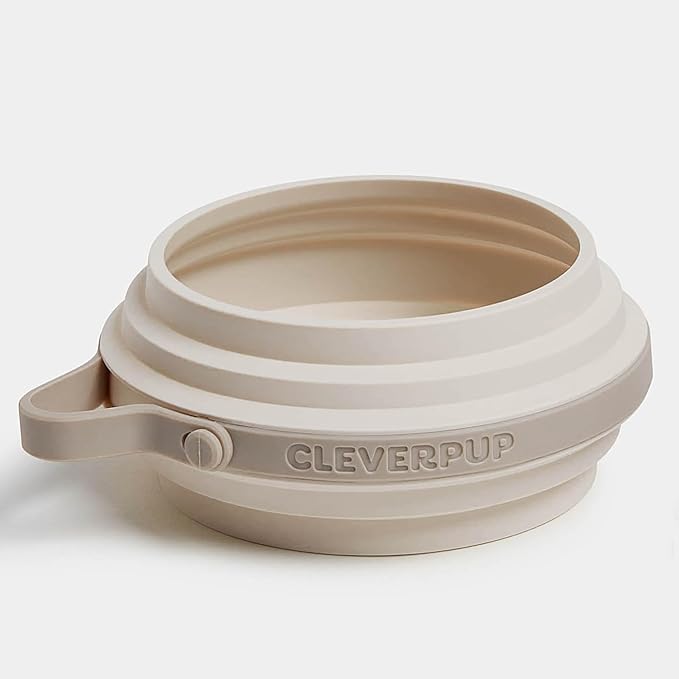 Cleverpup Nomad Small Collapsible Travel Dog Bowl - 2 Cup BPA-Free Silicone for Small & Medium Dogs, Portable, Sturdy, Food & Water, Dishwasher Safe - Sand