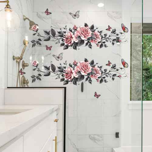 Black Butterflies Rose Wall Decals Pink Flower Vines Wall Stickers Vinyl Floral Wall Art Decor for Girls Bedroom Bathroom Beauty Salon Window Door Decorations