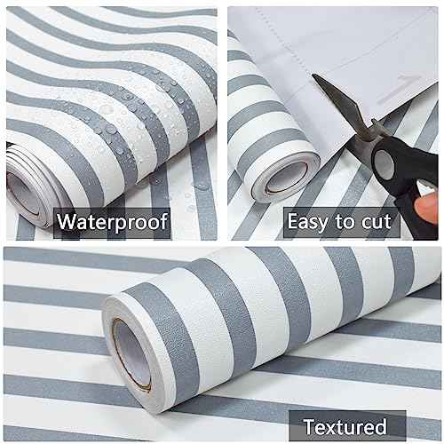 Cohoo Home Striped Peel and Stick Wallpaper Boho Contact Paper for Cabinets Grey and White Stripe Contact Paper Line Modern Wallpaper for Bedroom Self-Adhesive Removable Boy Room Shelf 17.3inW 78.7inL