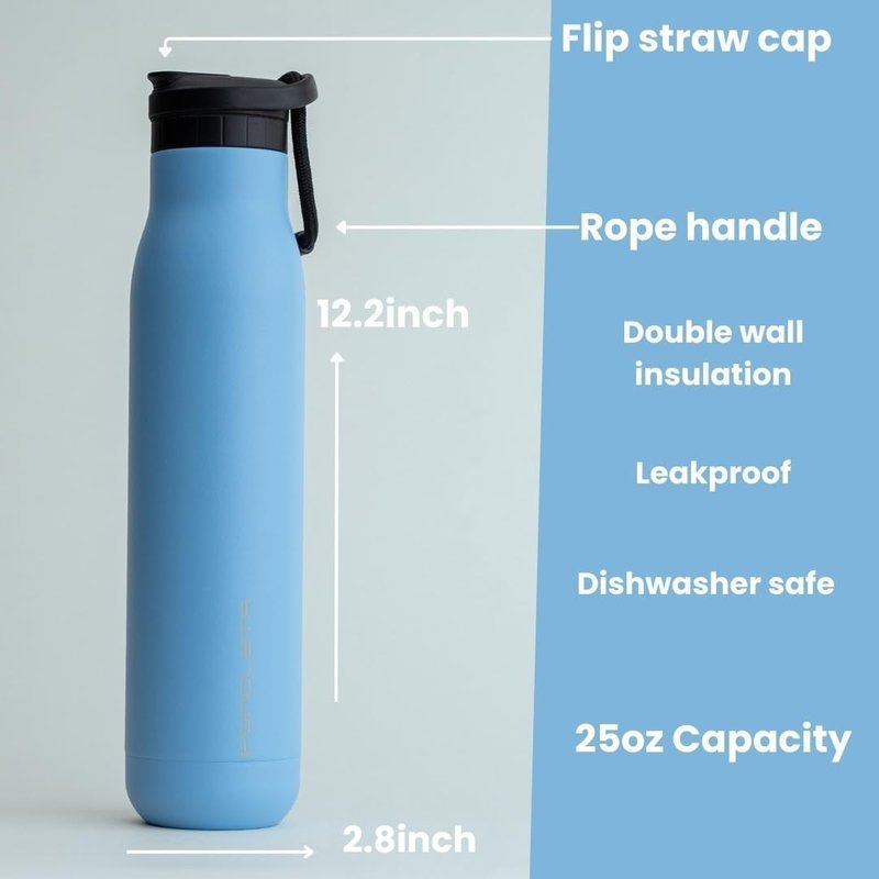 Ponoleta Slim Water Bottle, Stainless Steel with Straw, Standard Mouth for Sports and Travel, Double Vacuum Insulated, BPA-Free, Leak Proof