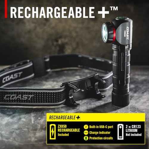 Coast TXM50R 1250 Lumen Rechargeable LED Headlamp with Magnetic Base - 27 Hour Runtime, Easily Converted to Handheld Flashlight, Helmet Mounting Bracket Included, for Work and Outdoors