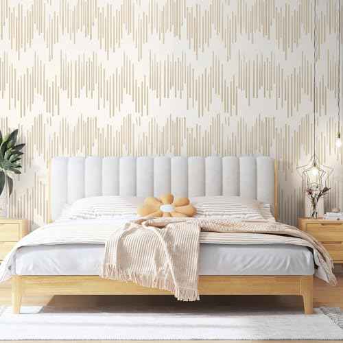 WENMER Beige Striped Wallpaper, Geometric Peel and Stick Wallpaper, 17.7''¡¿118'' Gold Contact Paper, Beige Self Adhesive Removable Wall Paper for Bathroom Cabinets Kitchen