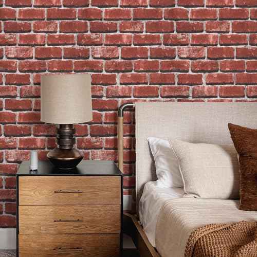 Red Brick Wallpaper Peel and Stick Contact Paper for Wall Faux 3D Brick Self Adhesive Contact Paper Rustic Removable Wallpaper for Fireplace Kitchen Bedroom Bathroom Waterproof 17.3inW 78.7inL
