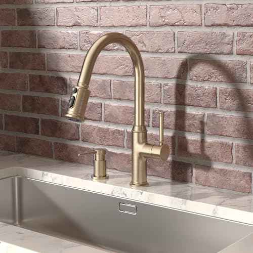 Lava Odoro Champagne Gold Soap Dispenser for Kitchen Sink, Modern Brass Built in Countertop Pump Dispenser with 18 Oz Refillable Bottle, Kitchen Soap Dispenser Spot-Free, Champagne Gold, KSD-21