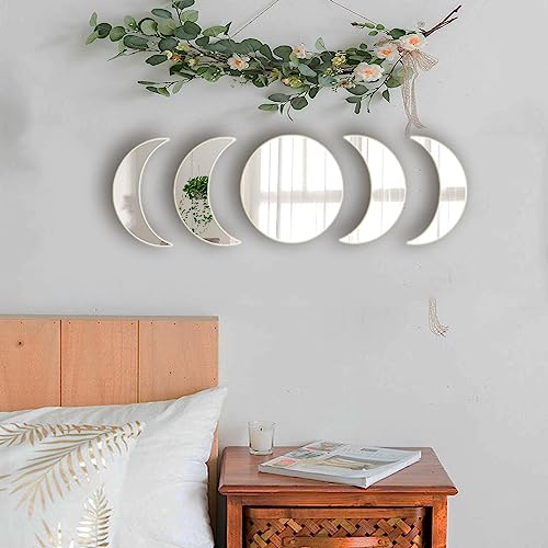 5 Acrylic Mirror Wall Stickers - Self Adhesive Moon Phase Mirrors - Bohemian Decor for Home, Living Room, Bathroom, Bedroom (15cm)