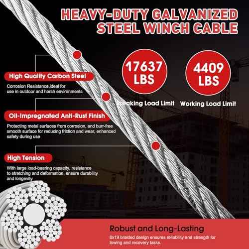 Steel Winch Cable,3/8" x 50' Wire Rope with Swivel Hook,17637 Lbs Breaking Strength,6x19 Strand Core Steel Towing Cable for Tow Truck,Crane,Wrecker