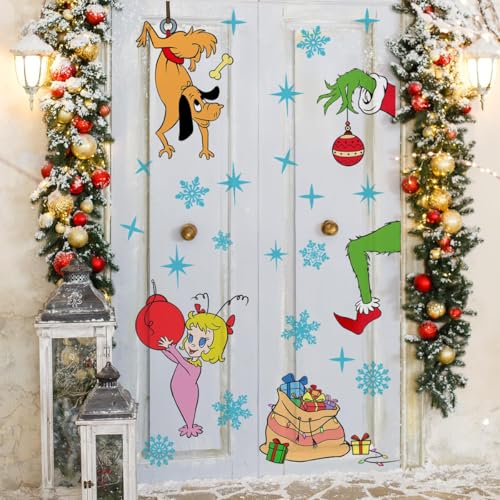 38.97 x 29.92 Inch Cute Christmas Girl Dog Snowflakes Decor Large Xmas Mural Decals for Winter Home Refrigerator Garage Door Wall Window Decoration