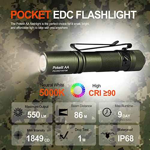 ACEBEAM Pokelit AA Rechargeable Mini Flashlight with Clip, 550 High Lumens Pocket EDC Flashlight, Super Bright Small Flashlight, 90+ High CRI Led Flashlight for Camping,Hiking,Everyday Use(Dark Green)