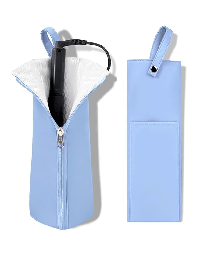 Holder & Mat for Curling Iron Flat Iron, Heat Resistant Hot Hair Tool Travel Bag Case (blue
