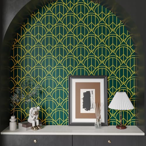 CHIHUT Teal and Gold Lines Wallpaper Peel and Stick Semicircles Triangles Geometric Shapes Wallpaper for Bedroom Living Room Wall Decor Self Adhesive Art Deco Contact Paper for Cabinets 17.7¡±x100¡±