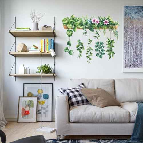 Green Plant Leaves Wall Stickers Decor Hanging Flower Vine Wall Decals Peel and Stick DIY Removable Tropical Nature Wall Art for Living Room Bedroom Kitchen Classroom Office