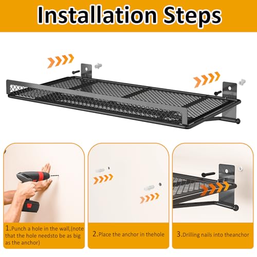 BABKAS 2 Pack Garage Wall Shelving, Metal Garage Wall Shelf with 4 Hooks, Heavy Duty Wall Shelves Mounted for Garage Storage, Laundry Room, Closet and Kitchen | Holds Up to 80 Lbs | 16.5" x 12.2"