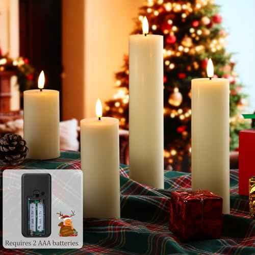Retisee 8 Pcs Christmas LED Flameless Pillar Candles with Remote Battery Operated 3D Wick Flickering Fireplace Candle Indoor Decoration for Fall Christmas Winter, Ivory (4,6,8,and 10 Inches)