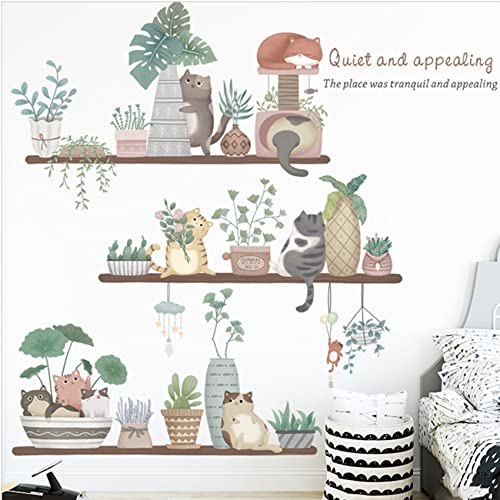 Cute Cat Stickers and Potted Plant Wall Stickers, Watercolour Removable Wall Stickers for Cat Flowerpots and Plant Leaves, Self-adhesive Vinyl Art Decor Murals for Children Babies Living Room TV