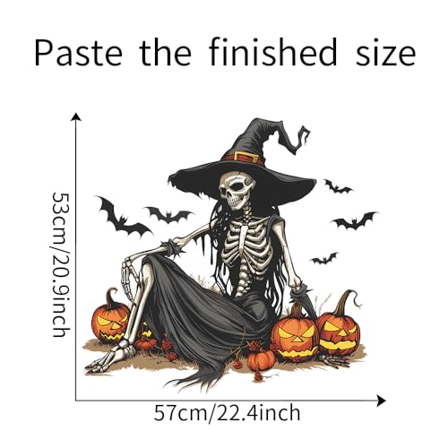 Horror Halloween Witch Skeleton Wall Decals,Removable Skull Wall Stickers with Bats & Pumpkins for Halloween Party Home Classroom Bar Decor (15.7x23.6 Inch)