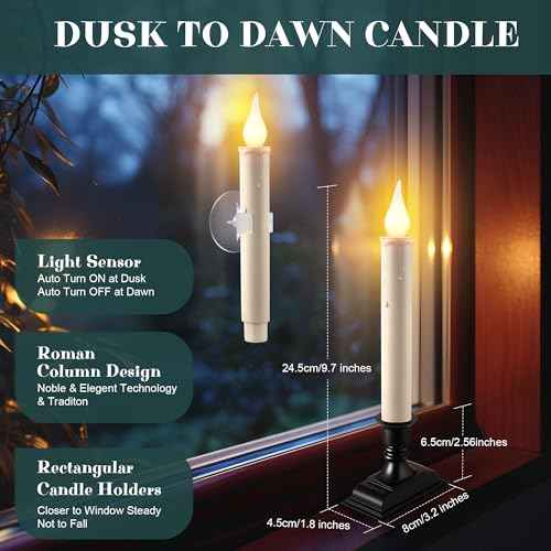 Enhon 18 Pack Battery Operated LED Window Candles, Dusk to Dawn Light Sensor, with Black Holders and Suction Cups, Ivory Christmas Window Candles, Amber Flicker Flame (Batteries AA Included)