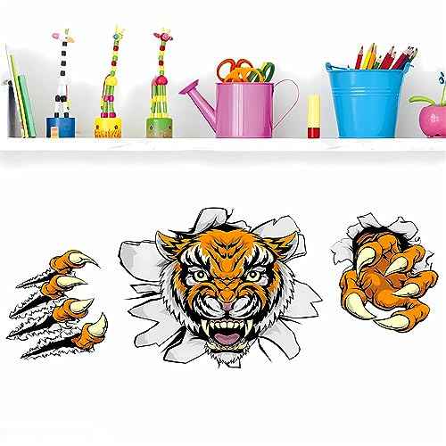 Breaking Through The Wall Tiger Wall Stickers, sacinora Wild Animal Wall Decals Removable Vinyl Peel and Stick for Living Room Bedroom Children's Room Kitchen Sofa TV Background Art Decorations