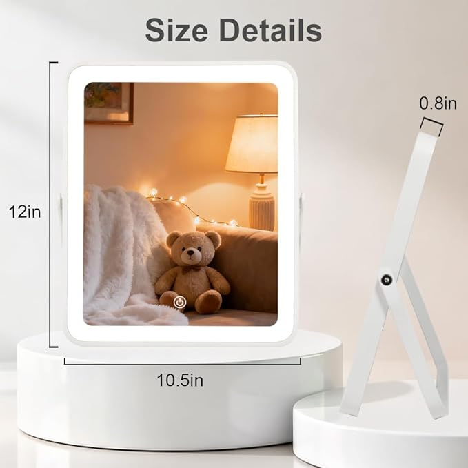 YEKKOPT Portable Desk Vanity Mirror with Lights,12"ÃÂ10" Small Rechargeable Makeup Mirror with Lights,Smart Touch Screen with 3-Color Lighting,Dimmable,for Dorm Tabletop,Bedroom,Decor