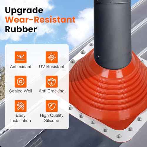 #6 Metal Roof Pipe Flashing Boot, Metal Roofing Pipe Flashing Boot Fits Pipe OD 5" to 9" Wide, Includes Flexible Silicone High Temp Roof Vent Boot, Hex Socket x2, Roofing Screw x50, Square Base, Red