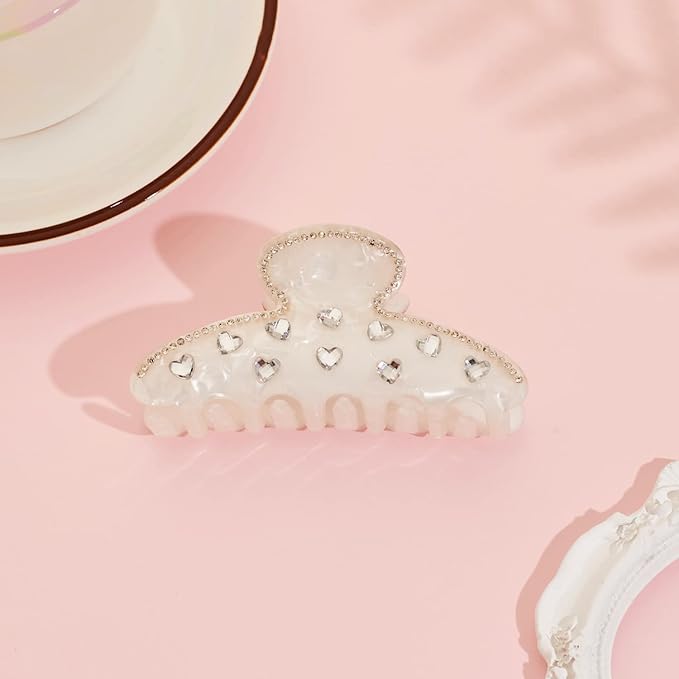 LILIE&WHITE Ivory Acrylic Hair Clip with Heart Shape Rhinestones, Medium Size, 2 Pieces, Women's Hair Accessory