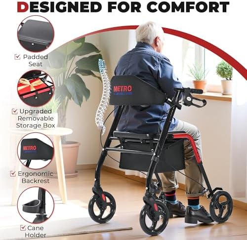 Metro Mobility Rollator Walker with Seat for Seniors, Foldable Lightweight Rolling Walker, 8" Big Wheels for All Terrain, 300 lb. Weight Capacity, Red