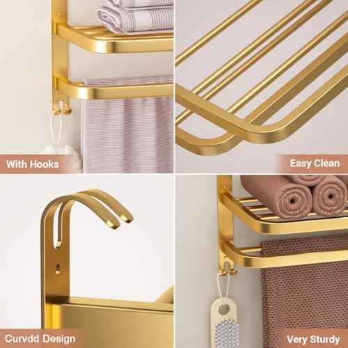 DDS-DUDES 23 Inch 3-Tier Gold Towel Racks for Bathroom with Towel Bars Multilayer Hotel Towel Shelf Stainless Steel Wall-Mounted Brushed Finish Holder with Towel Shelves
