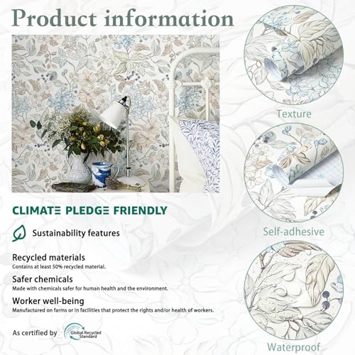 Heroad Floral Peel and Stick Wallpaper Boho Contact Paper Blue Floral Colourful Wildflower Botanical Wallpaper Removable Self-Adhesive for Bedroom Bathroom Decoration Thicken Vinyl 17.3'' x 78.7''