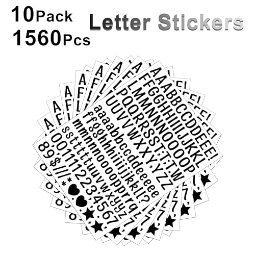 10 Sheet 1/2 Inch Small Letter Stickers, 1560Pcs Self Adhesive Alphabet Stickers, Cute Vinyl Letter Number Symbols Stickers for Arts Crafts Outdoor Sign Poster Windows Doors School Office - Black