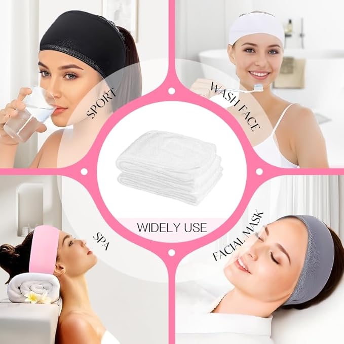 30 Pack Adjustable Spa Headband for Women – Non-Slip Facial Hair Wrap for Washing Face, Makeup, Shower, Skincare, and Yoga White