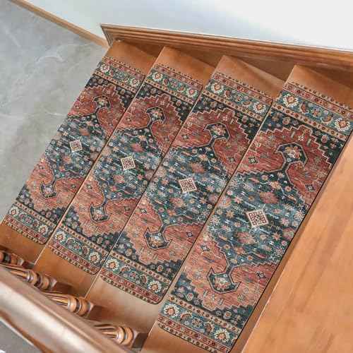 HOMBYS Non-Slip Carpet Stair Treads for Wooden Steps Set of 15, 30"X8" Indoor Stair Runner Extra Slip Resistant Stair Rugs Rubber Safety Mats, Stairway Grip Step Treads RED&Blue