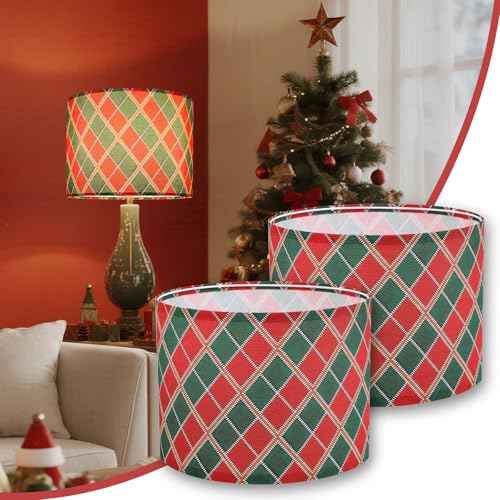 Christmas Plaid Lamp Shades Set of 2, Red and Green Diamond Pattern Linen Drum Lamp Shade with Spider Fitter for Farmhouse Table Lamps, 13" ¡¿ 13" ¡¿ 10" Christmas Decor