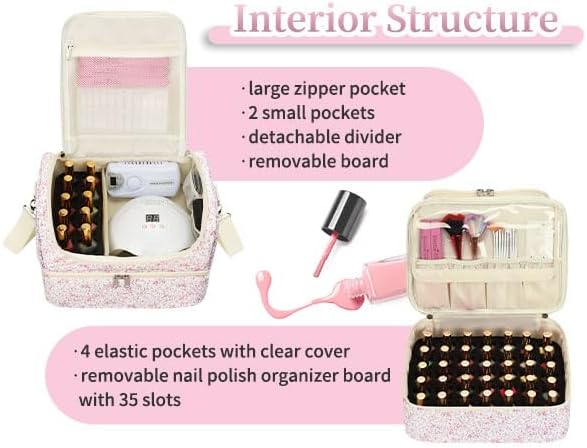 Nail Polish Organizer Bag - Nail Organizers and Storage Case Holds 45 Bottles & Nail Lamp, Travel Nail Tech Carrying Bag for Nail Supplies, Manicure Tools, Nail Kit, Nail Tech Gifts for Women